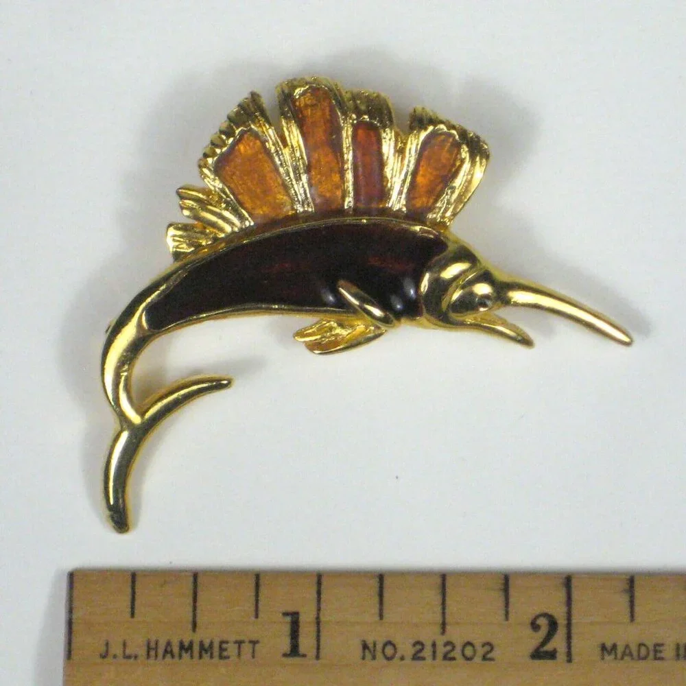Swordfish Jewelry Brooch Pin 2 Inch Goldtone Fish Sea Ocean Enamel Orange